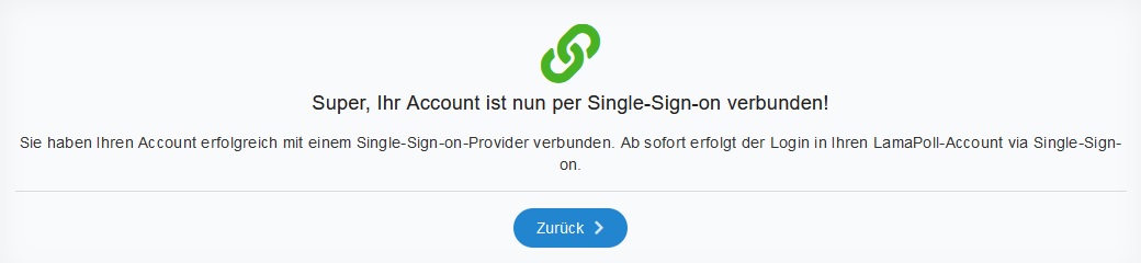 Meldung zur erfolgreichen Verbindung per SSO: Super, Ihr Account ist nun per Single-Sign-on verbunden!