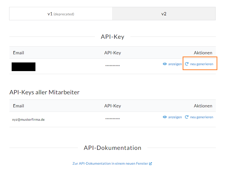 Unter dem Menüpunkt API Ihres Kontobereichs finden Sie die Einstellungsmöglichkeit "neu generieren"