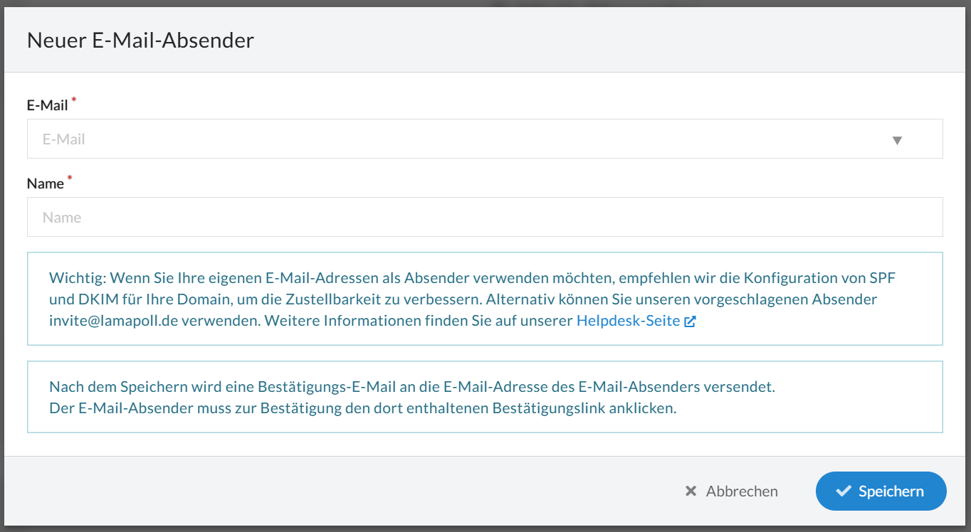 Neue E-Mail-Absenderadressen sowie Absendernamen eintragen und speichern
