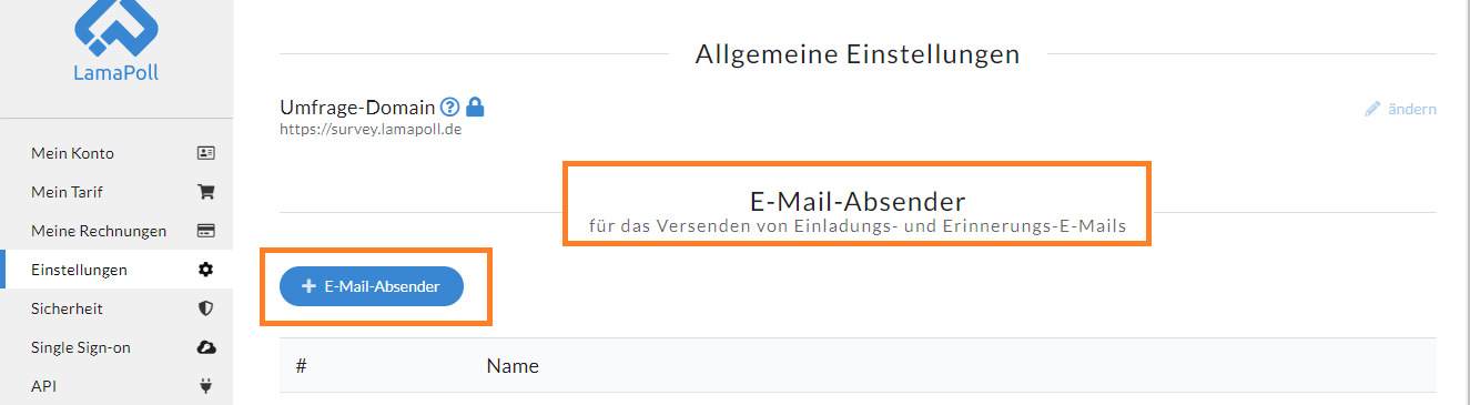 Bei den Account-Einstellungen kann der Account-Inhaber über "+ E-Mail-Absender" neue E-Mail-Absenderadressen für Einladungsmails hinterlegen. 