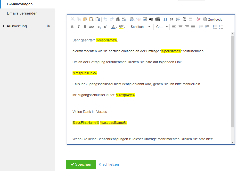 Muster-E-Mail-Vorlage mit Standardtext und Platzhaltern zum Bearbeiten und Abspeichern beim Menüpunkt "E-Mail-Vorlagen"