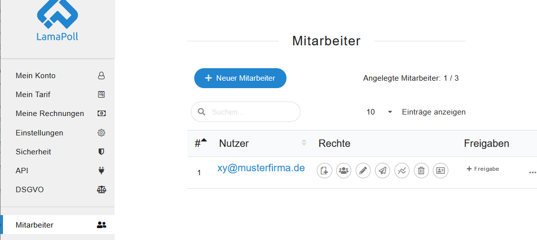 Mitarbeiter-Übersicht mit Überblick zu Rechten und Freigaben sowie Bearbeitungsmöglichkeit Mitarbeiter-Übersicht mit Überblick zu Rechten und Freigaben sowie Bearbeitungsmöglichkeit
