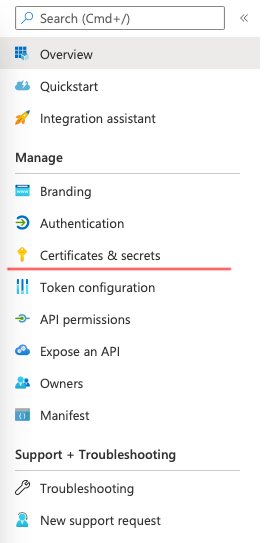 Menüpunkt "Certificates & Secrets" in der Azure Sidebar wählen