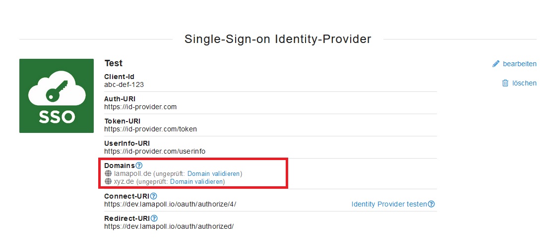 Validierung der Domain bei den SSO-Identity-Provider-Einstellungen
