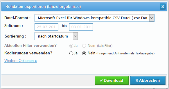 Rohdatenexport: Möglichkeiten, z.B. Dateiformat, Zeitraum eingrenzen, Filter oder Kodierungen verwenden Rohdatenexport: Möglichkeiten, z.B. Dateiformat, Zeitraum eingrenzen, Filter oder Kodierungen verwenden