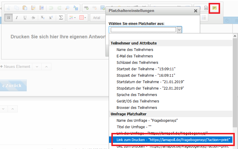 Link zum Drucken im Dropdown-Menü bei den Platzhaltereinstellungen auswählen Link zum Drucken im Dropdown-Menü bei den Platzhaltereinstellungen auswählen
