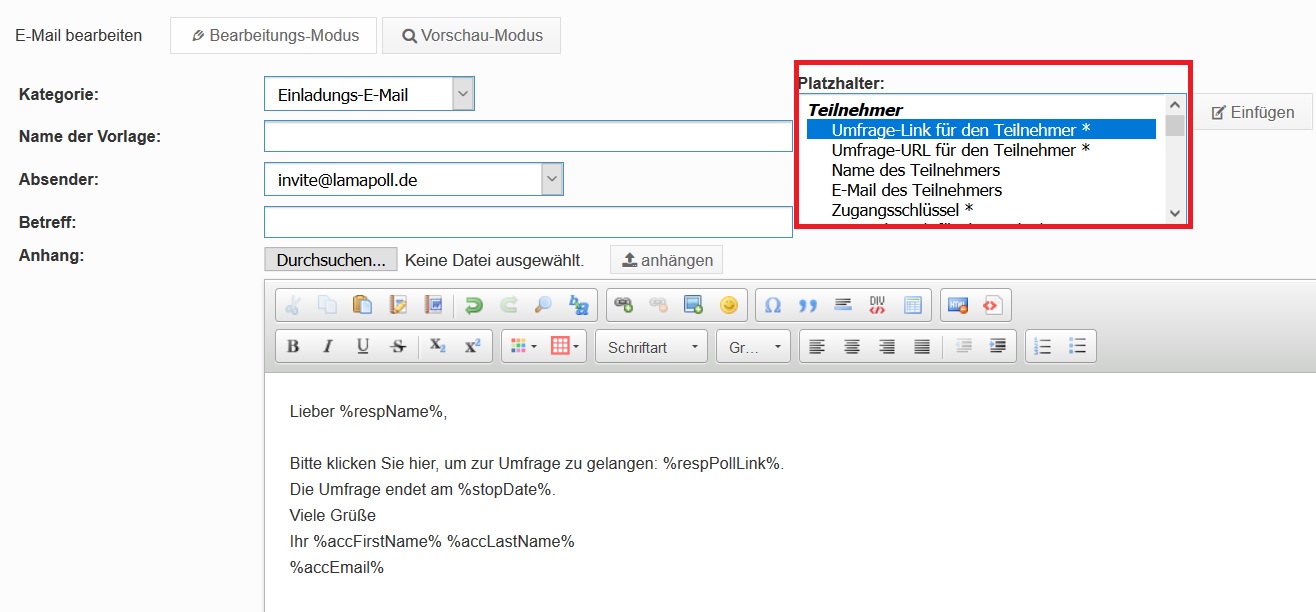 Platzhalter In Der Umfrage Und In Der Einladung