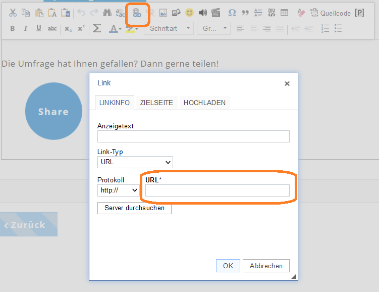 Der Share-Link wird über den Editor (Link-Symbol) auf den Share-Button gesetzt.