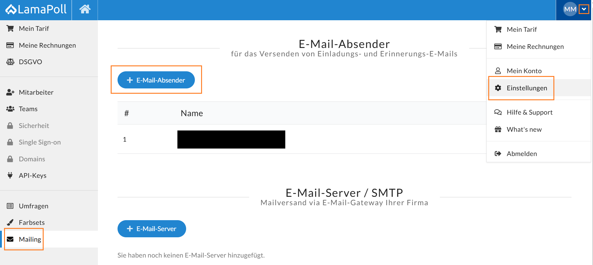 Weitere E-Mail-Absender über den Menüpunkt "Mailing" hinzufügen. 
