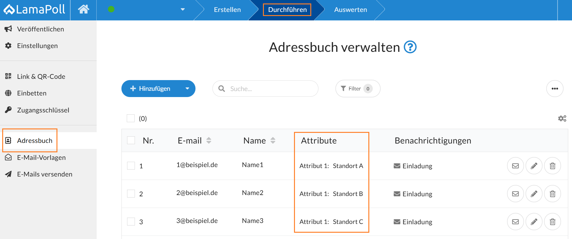 Eine Übersicht der Attribute Ihrer Teilnehmer finden Sie direkt im Adressbuch. 