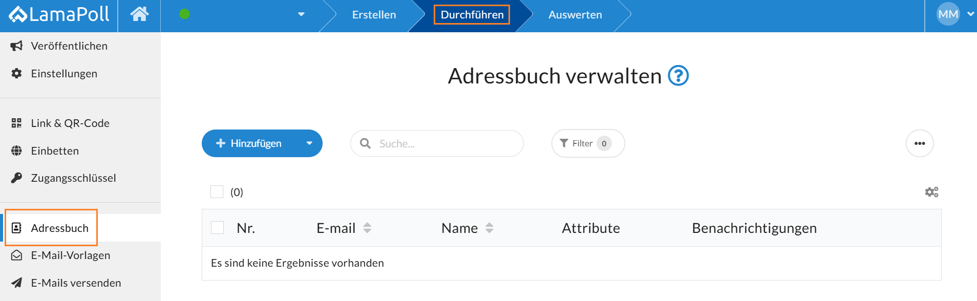 Das Adressbuch befindet sich im Menüpunkt "Durchführen".