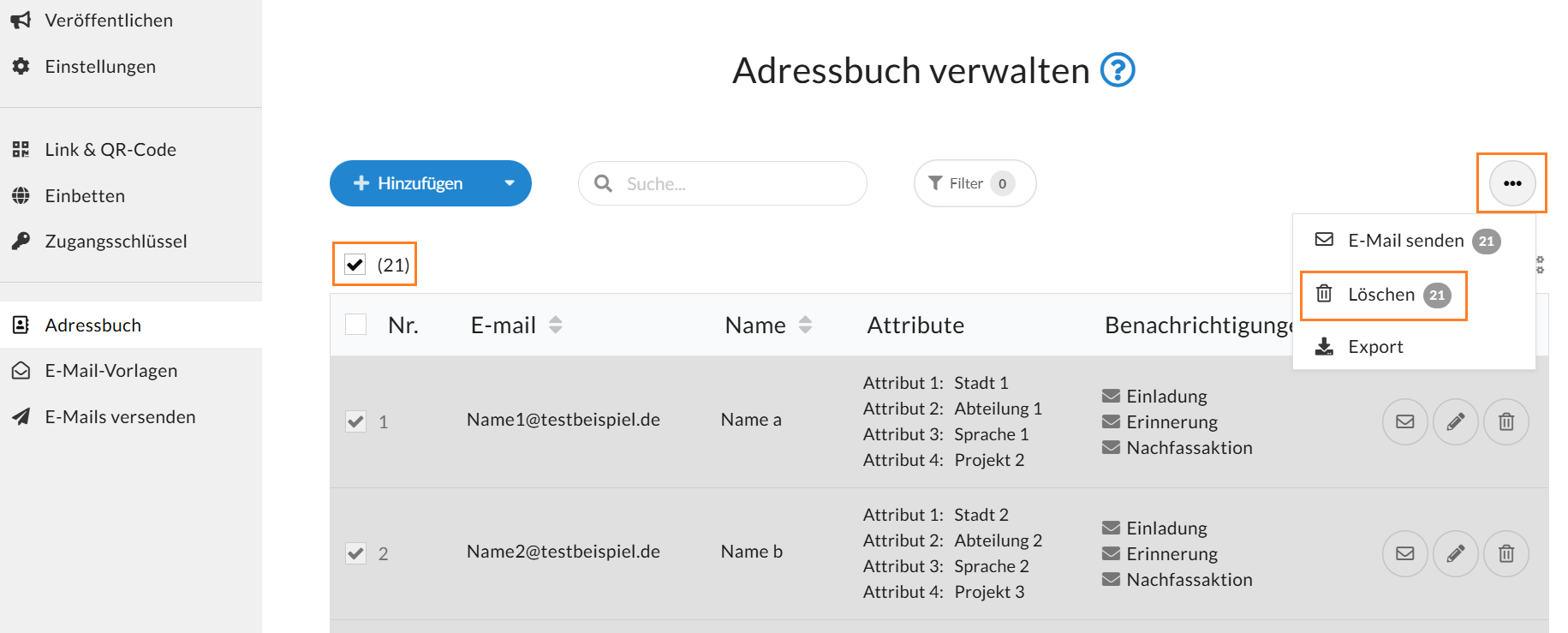Starten Sie den Löschprozess markierter Einträge über "Löschen" innerhalb des 3-Punkte-Menüs.