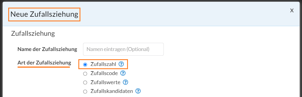 Auswahl der Zufallszahl im Dialogfenster "Neue Zufallsziehung"