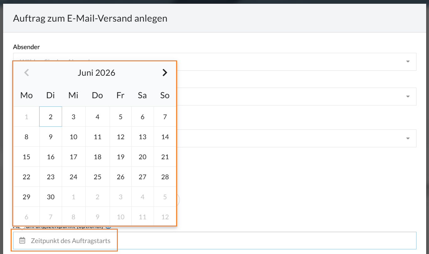 Mit der "Ausführungszeit"-Funktion können Sie den E-Mail-Versand zu einem bestimmten Zeitpunkt terminieren, sodass der E-Mail-Auftrag zum festgelegten Zeitpunkt automatisch versendet wird.