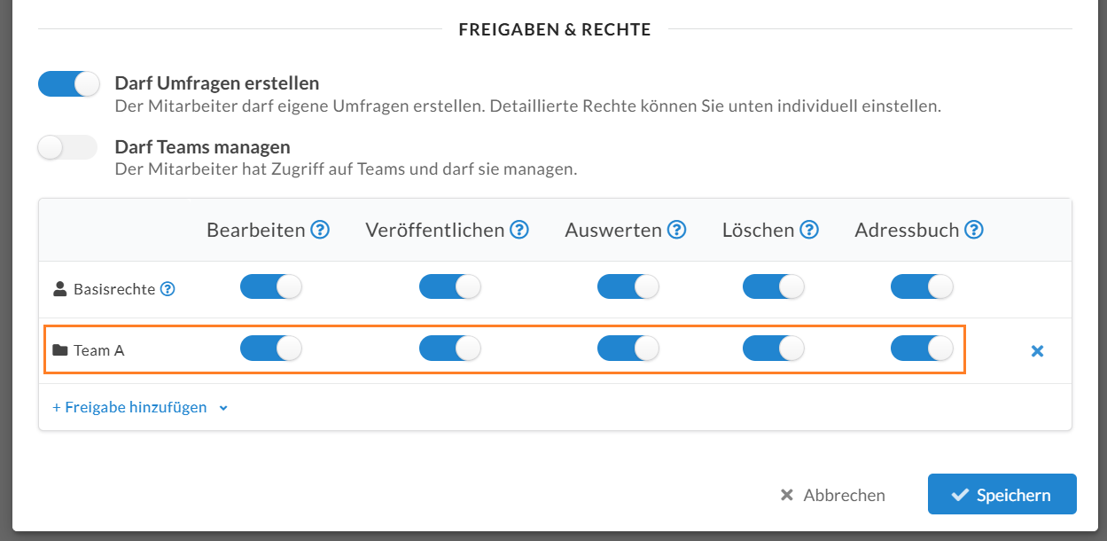 Rechte und Freigaben: Teilweise zusammenarbeiten durch Aktivierung aller Basisrechte und Freigabe für ein Team