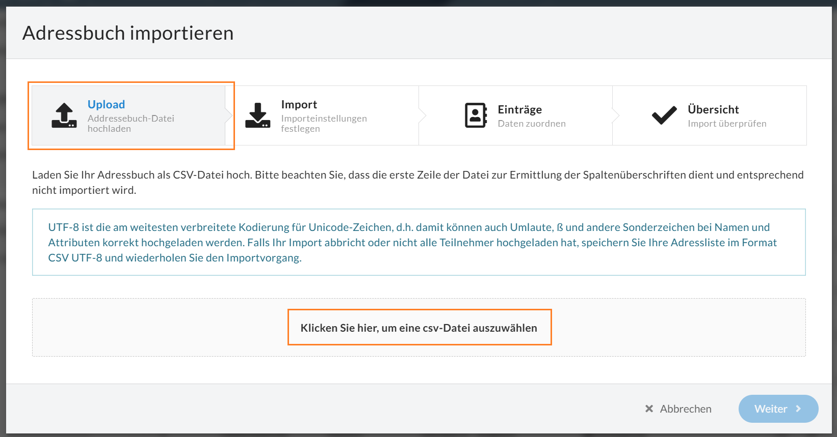 Nutzen Sie den Bereich "Klicken Sie hier, um eine csv-Datei auszuwählen" zum Upload.