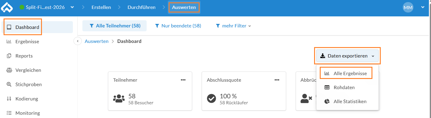 Export aller Ergebnisse im Dashboard