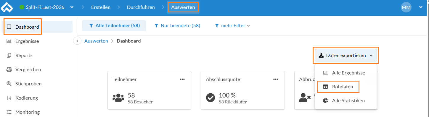 Laden Sie die Rohdaten über den Button "Daten exportieren" im "Dashboard" herunter.