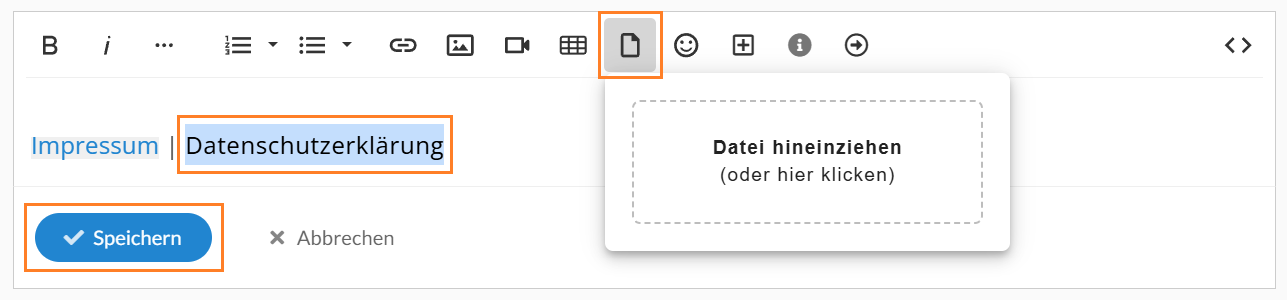 Nutzen Sie die Option "Datei hochladen" im Editor, um eine Datenschutzerklärung hochzuladen.