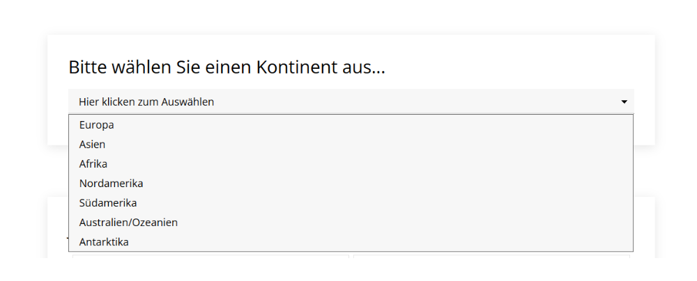 Eine Drop-down-Liste zur Auswahl eines Kontinents