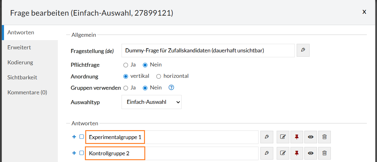 Einfachauswahlfrage mit 2 Antwortoptionen für Experimentalgruppe und Kontrollgruppe