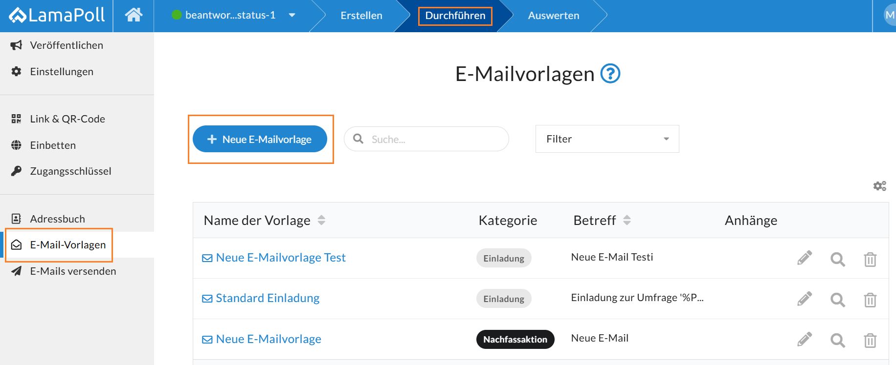Vorlagen für Einladungen, Erinnerungen und Nachfassaktionen im Bereich "E-Mail-Vorlagen" erstellen und anpassen