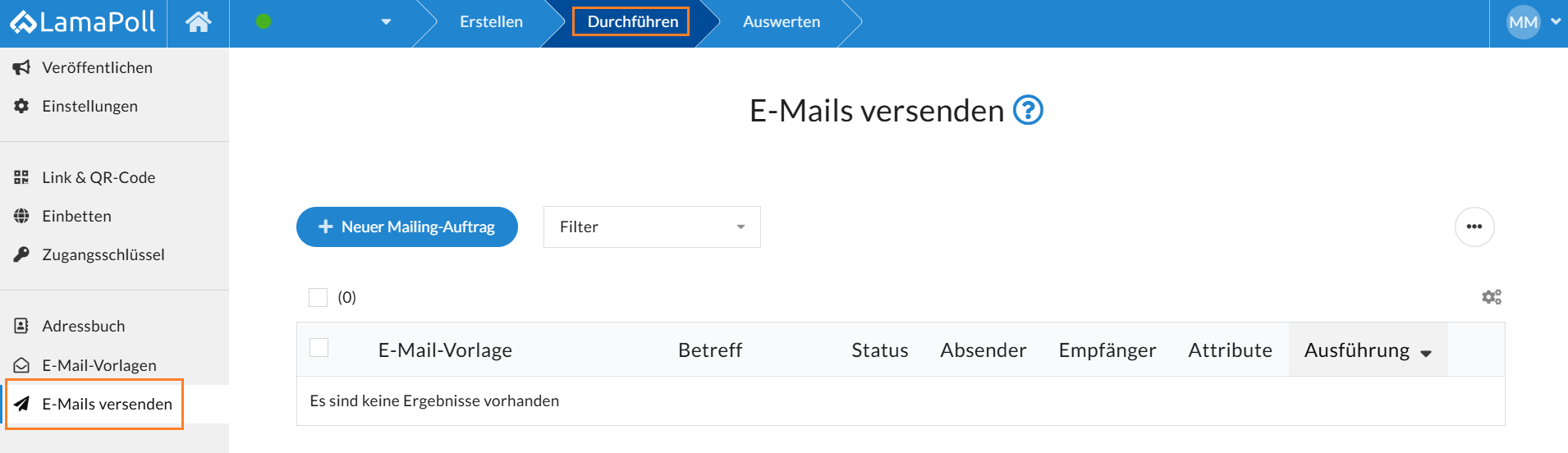 Die Funktion für das Erstellen von E-Mail-Aufträgen finden Sie im Menüpunkt "Durchführen" -> "E-Mails versenden". Die Funktion für das Erstellen von E-Mail-Aufträgen finden Sie im Menüpunkt "Durchführen" -> "E-Mails versenden".