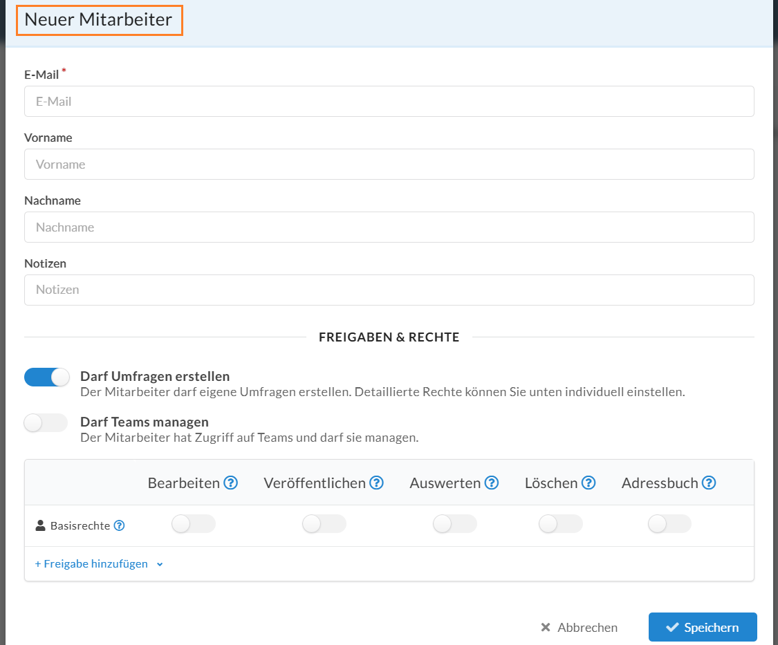 Eingabemaske für das Anlegen eines neuen Mitarbeiters