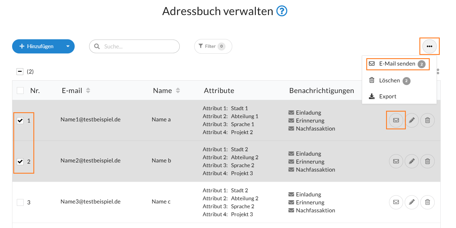 Nutzen Sie das Briefumschlag-Symbol oder das 3-Punkte-Menü, um Einladungen aus dem Adressbuch heraus zu versenden. 