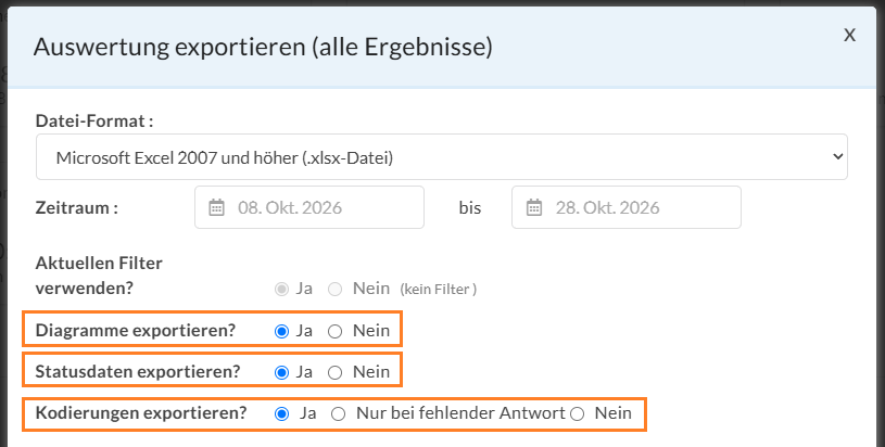 Individualisieren Sie den Export für Diagramme, Statusdaten und Kodierungen.