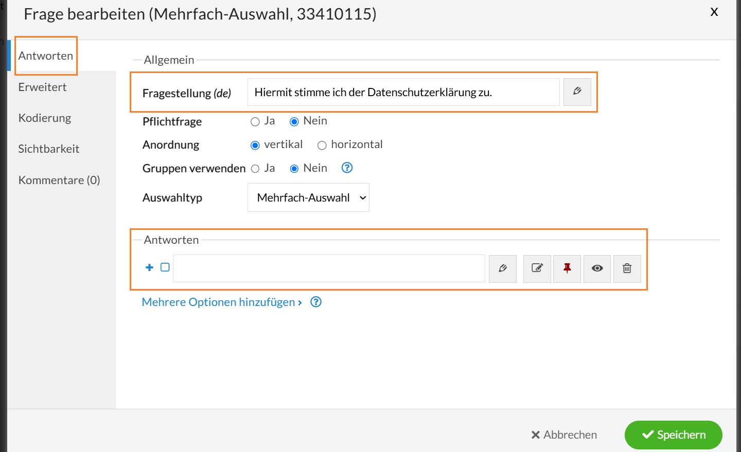 Beispiel einer bearbeiteten Multiple-Choice-Frage für die Einwilligung per Kontrollkästchen