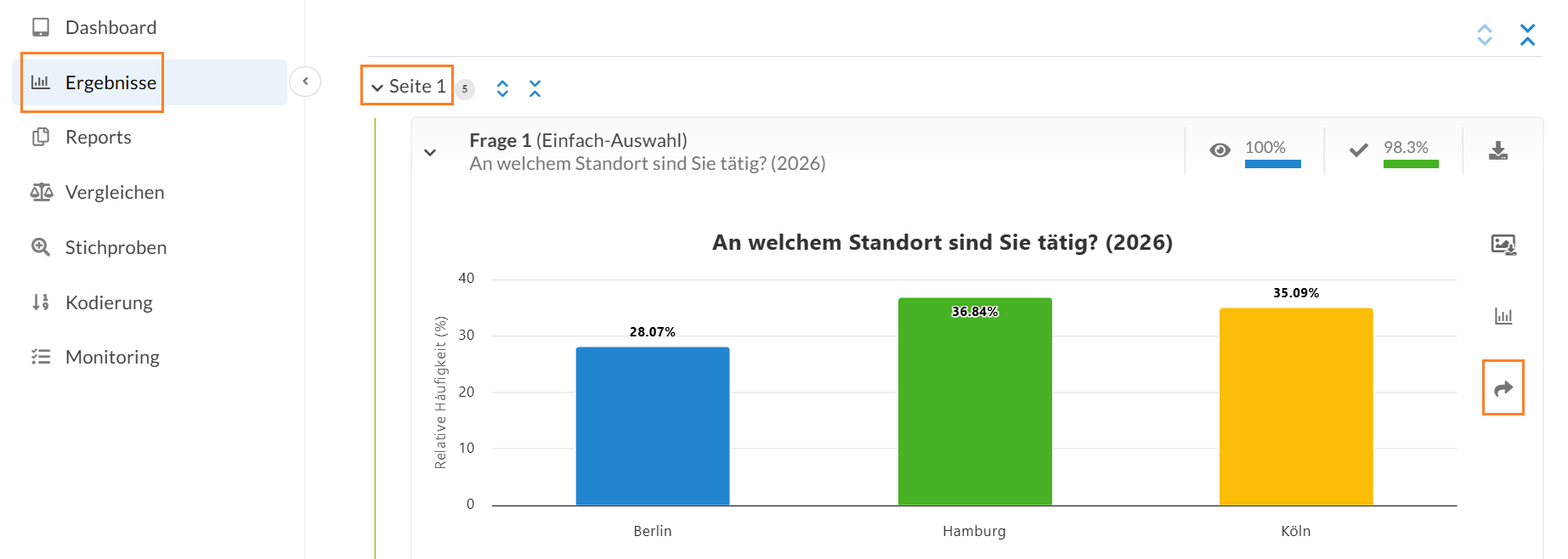 Klicken Sie auf den gebogenen Pfeil, um ein Chart in einen Umfrage-Report einzufügen.