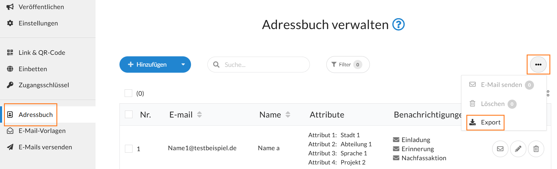Exportieren Sie ein Adressbuch über das 3-Punkte-Menü.