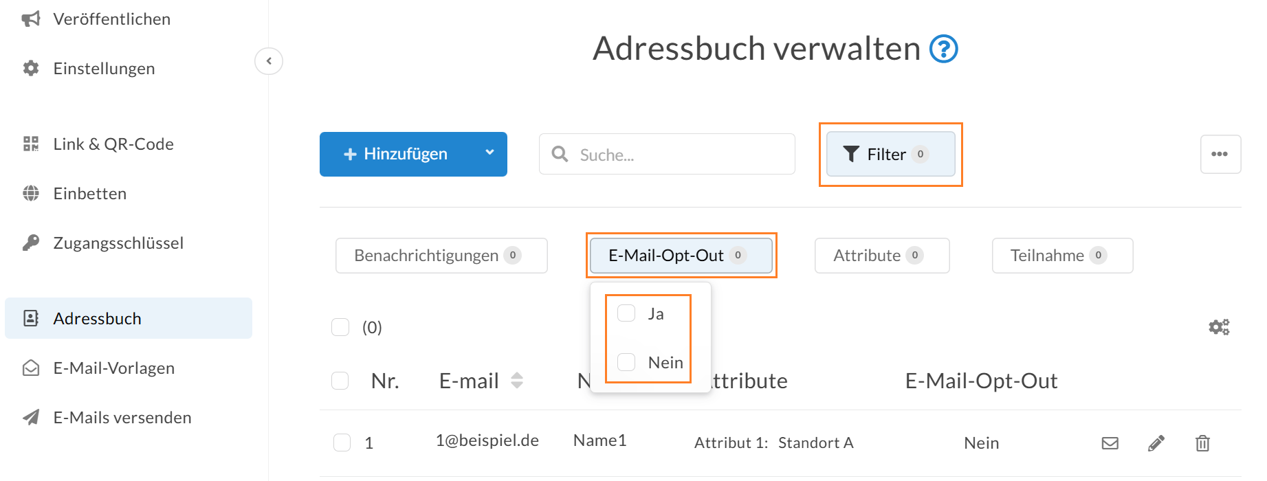 Filtern Sie innerhalb des Adressbuchs nach dem E-Mail-Opt-out.