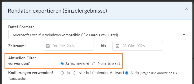 Nutzen Sie die Möglichkeit, Filtereinstellungen im Rohdatenexport beizubehalten.