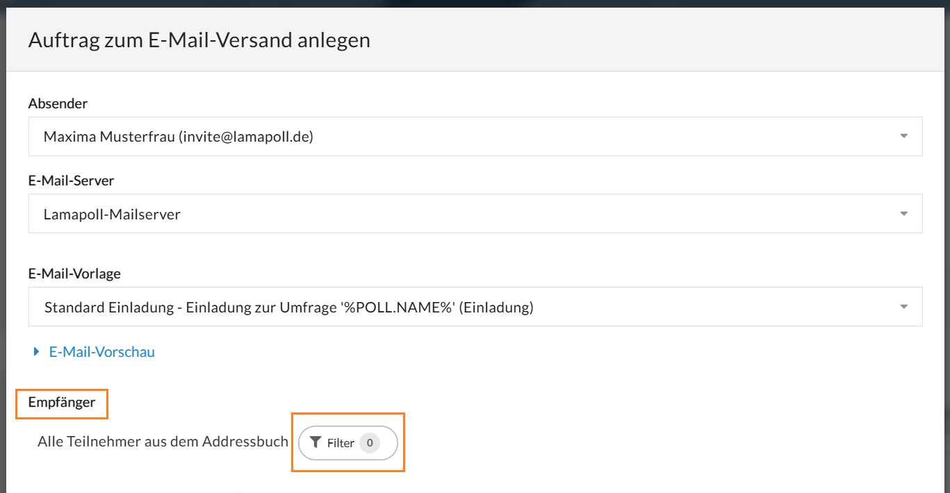 Filteroption, um Einladungen nach Benachrichtigungen, Attributen und Teilnahmen zu filtern.