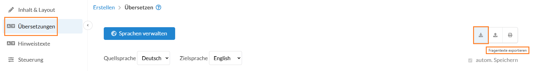 Den Button zum Exportieren Ihrer Fragentexte finden Sie rechts oben im Bereich "Übersetzungen"