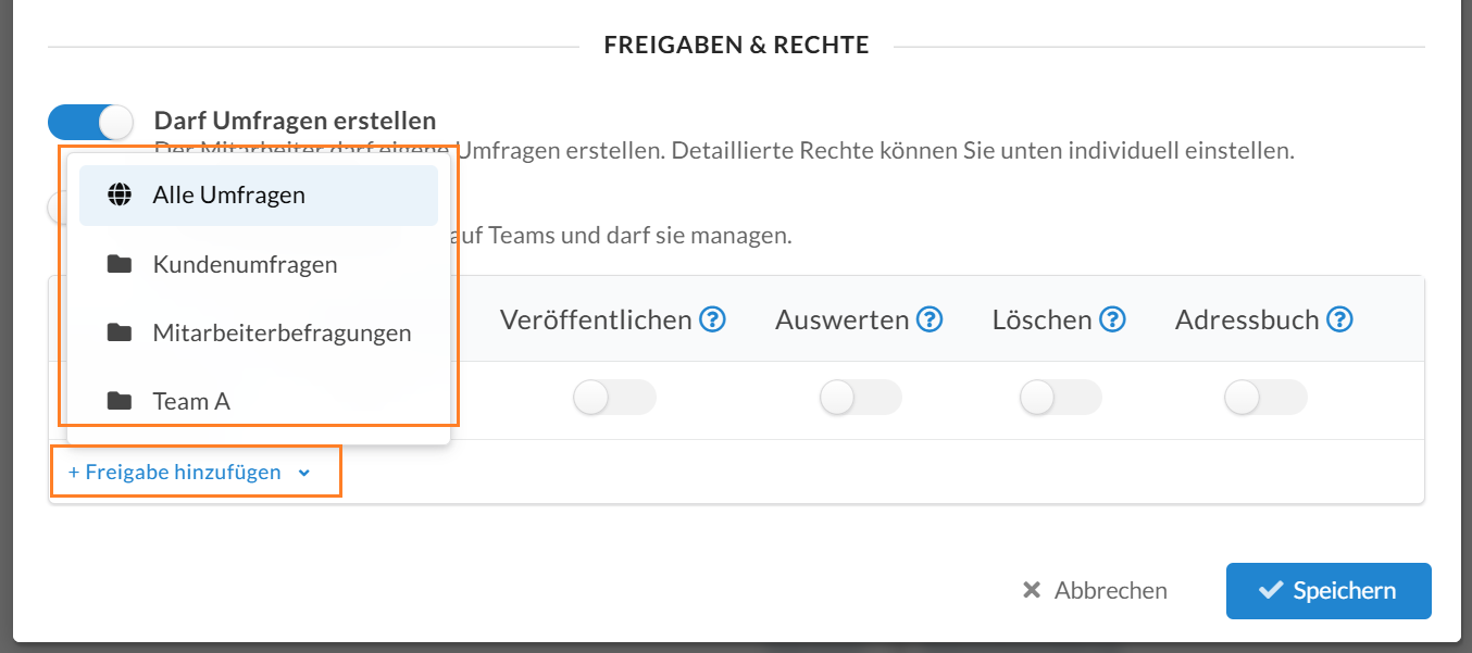 Bei jedem Mitarbeiter-Eintrag kann der Account-Administrator Umfragen oder auch Teams freigeben über "Freigabe hinzufügen