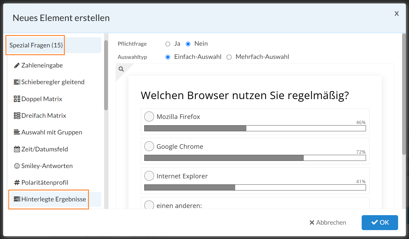 Fragetyp "Hinterlegte Ergebnisse" bei den Spezialfragen