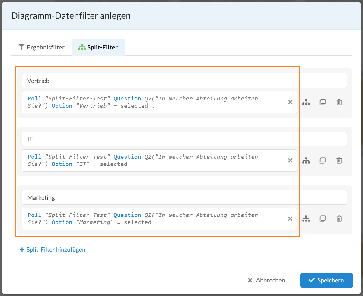 Drei Split-Filter für alle Antwortoptionen der Frage "In welcher Abteilung arbeiten Sie?"