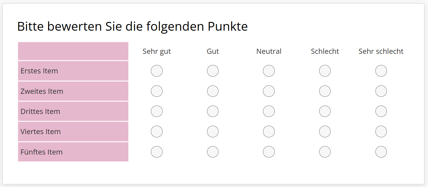 Matrixfrage mit komplett eingefärbter linken Spalte