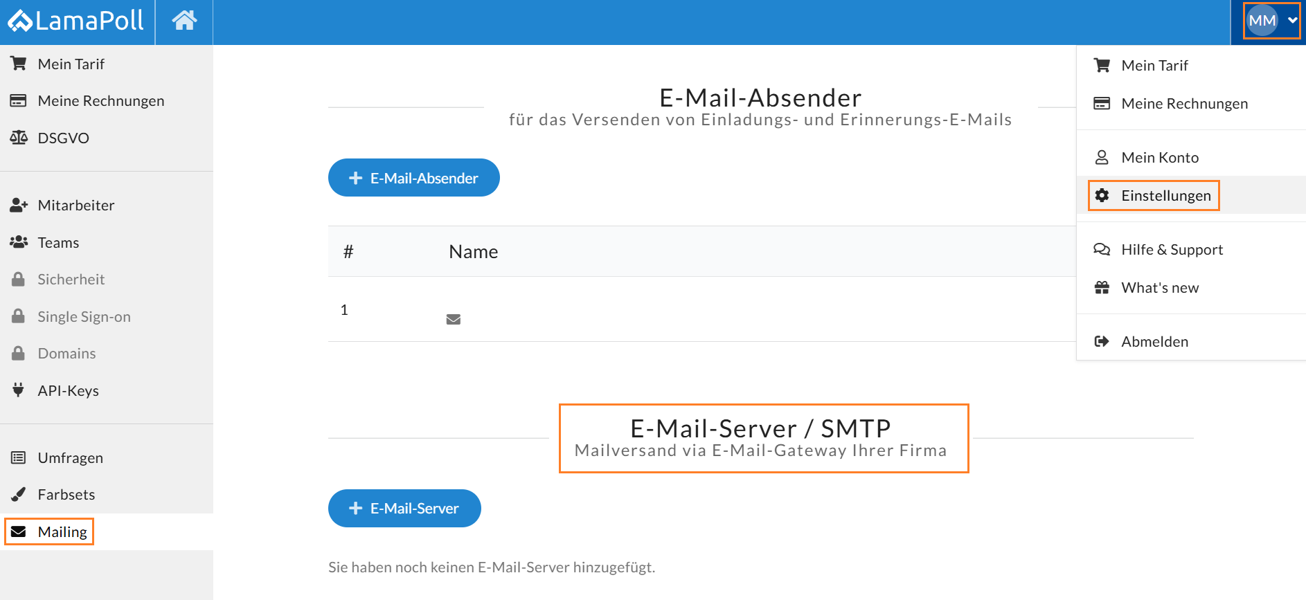 Einstellungen für den E-Mail-Server im Bereich "Mailing".