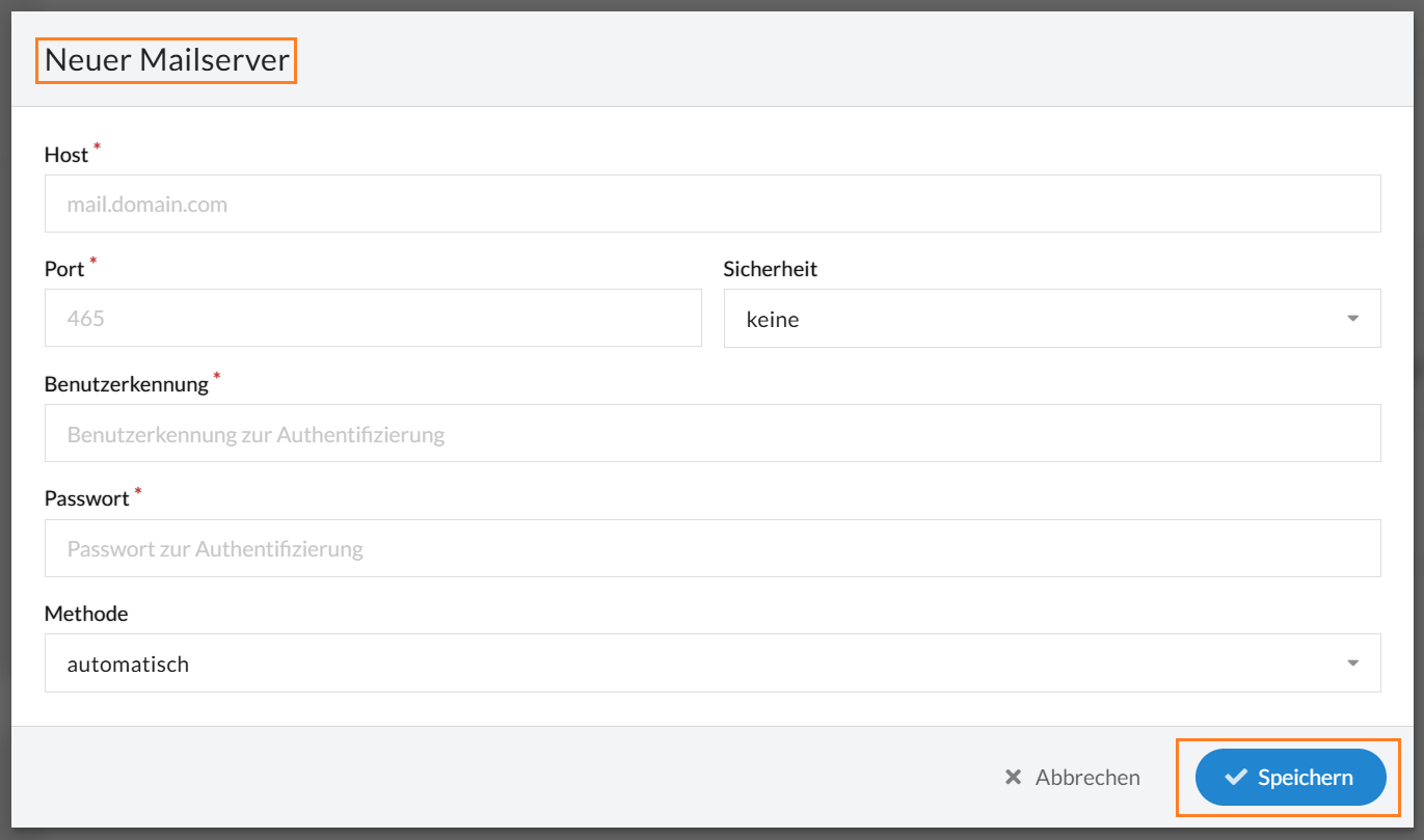 Füllen Sie die Felder für das Hinzufügen eines eigenen Mail-Servers aus.