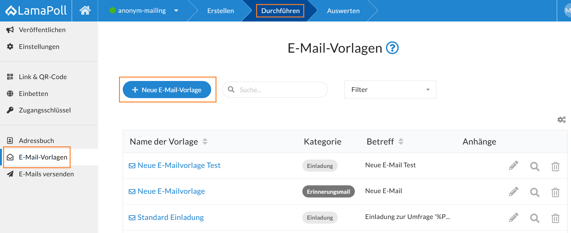 Vorlagen für Einladungen, Erinnerungen und Nachfassaktionen im Bereich "E-Mail-Vorlagen" erstellen und anpassen