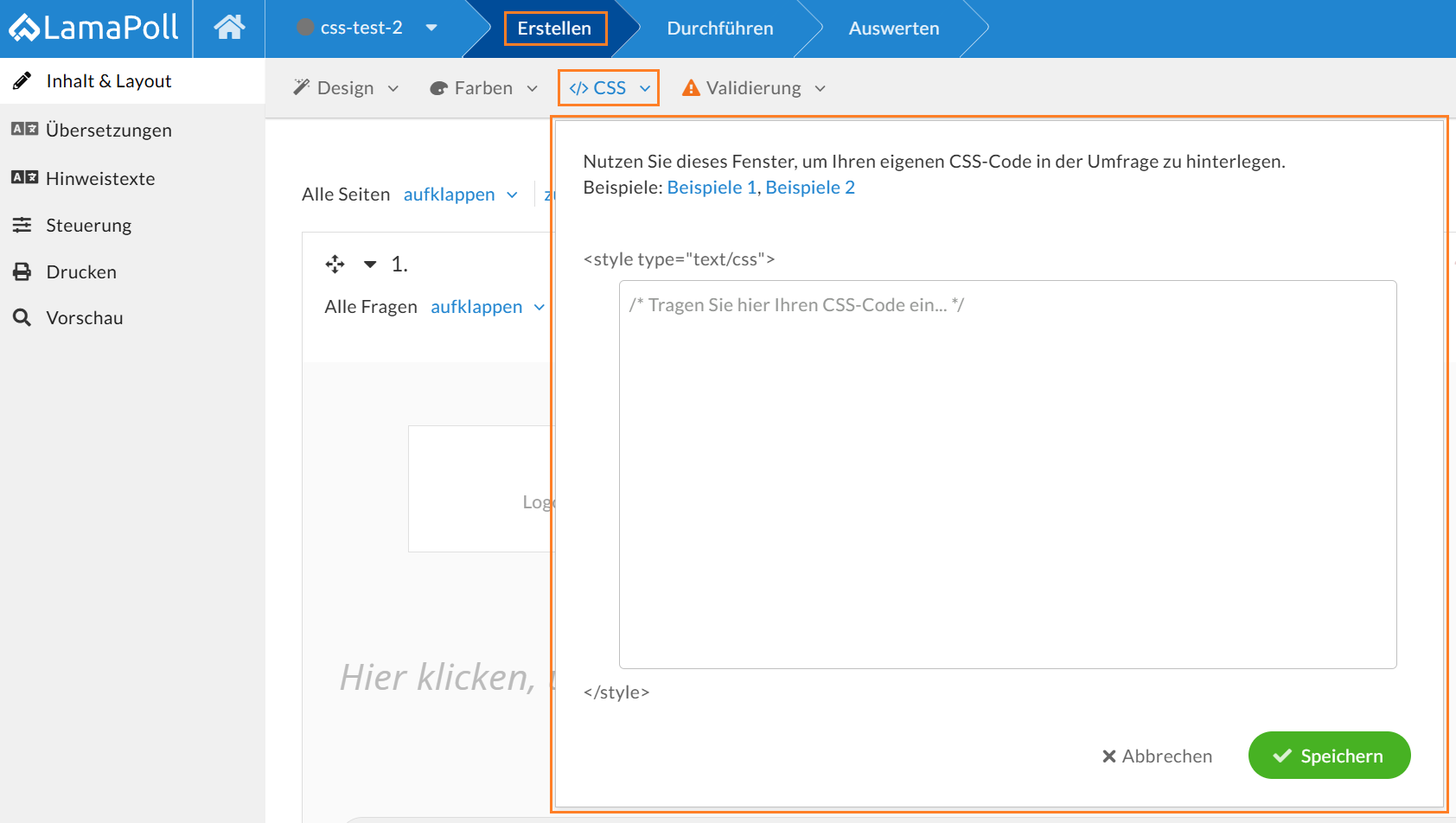 Nutzen Sie das CSS-Menü, um Ihre CSS-Codes zu hinterlegen.