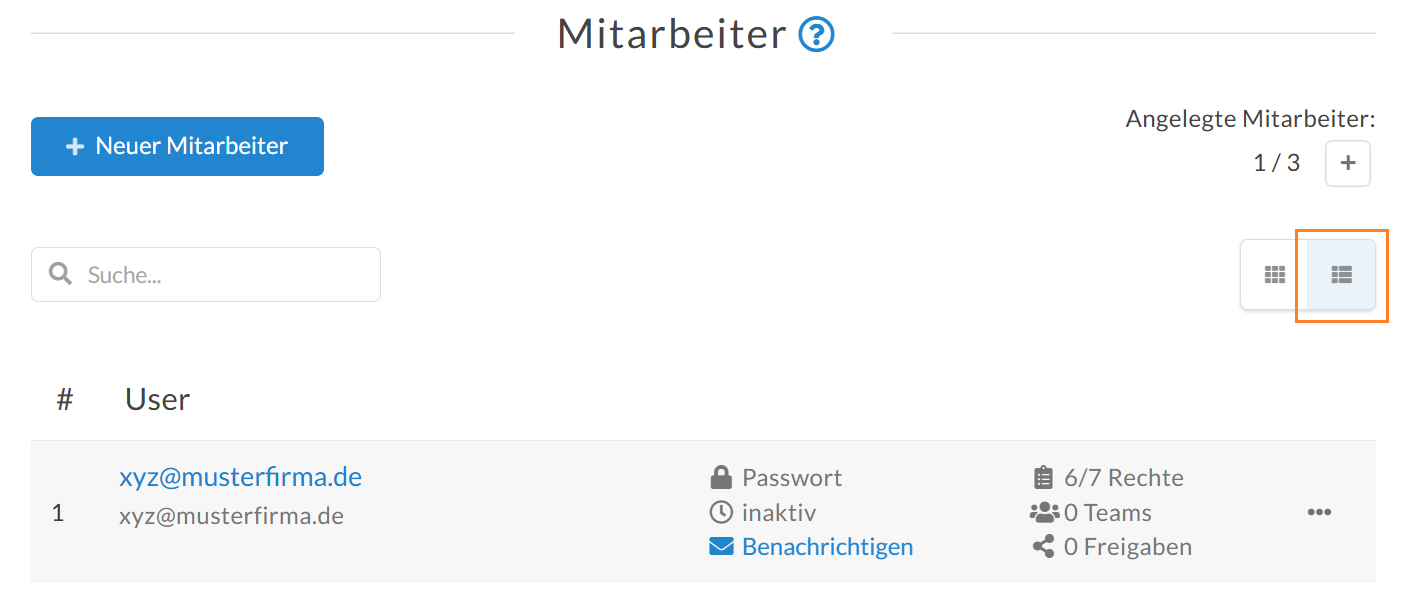 Übersicht der Mitarbeiter-Zugänge in Tabellenansicht - mit Informationen zu den Rechten und Freigaben