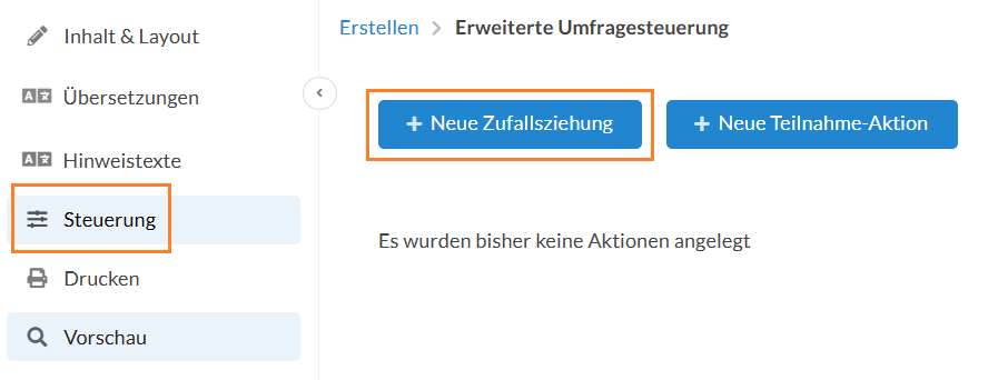 Menüführung zur Zufallsziehung: Umfrage öffnen, "Steuerung" in der linken Sidebar anwählen und dann auf "Neue Zufallsziehung" klicken
