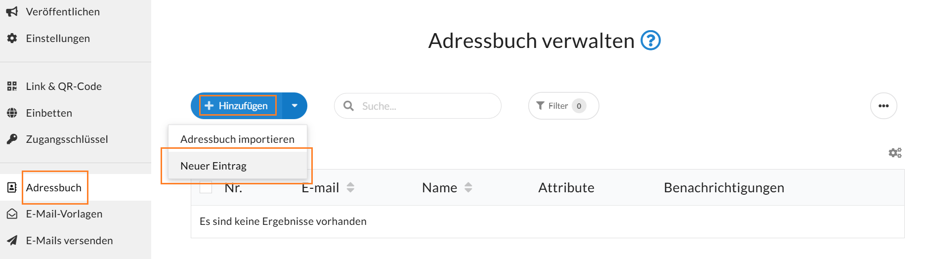 Einen neuen Eintrag ergänzen Sie mit einem Klick auf den Button "+ Hinzufügen".