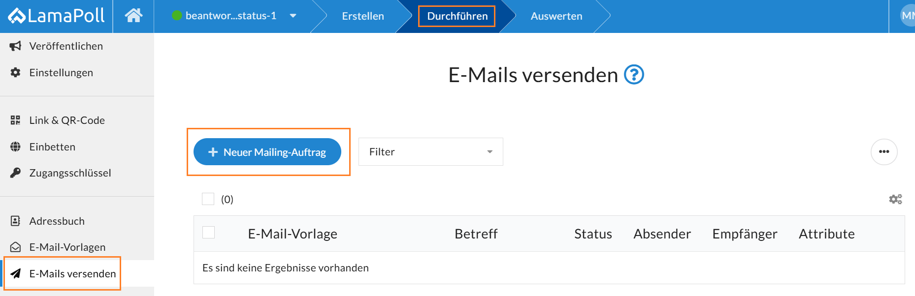 Um einen neuen E-Mail-Auftrag anzulegen, klicken Sie auf den Button "+ Neuer Mailing-Auftrag". Um einen neuen E-Mail-Auftrag anzulegen, klicken Sie auf den Button "+ Neuer Mailing-Auftrag".
