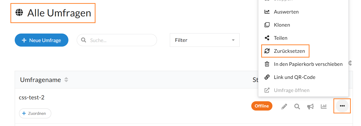Zurücksetzen-Funktion bei den erweiterten Optionen einer Offline-Umfrage